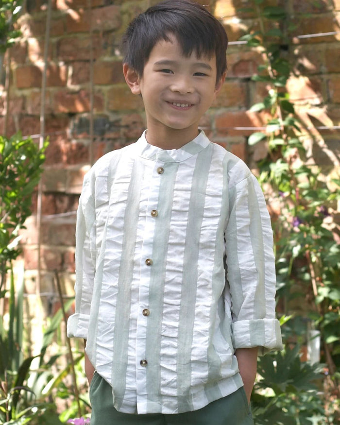 Organic Collarless Seersucker Shirt – Sea Foam - Pigeon Organics