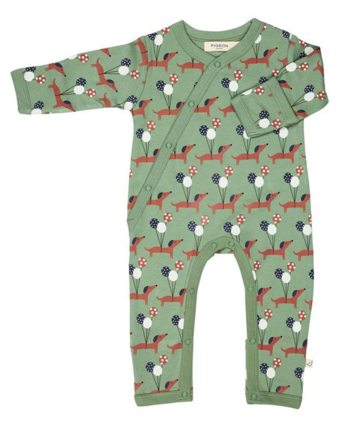 Organic Kimono Baby Romper – Sausage Dogs Green Sleepsuit - Pigeon Organics