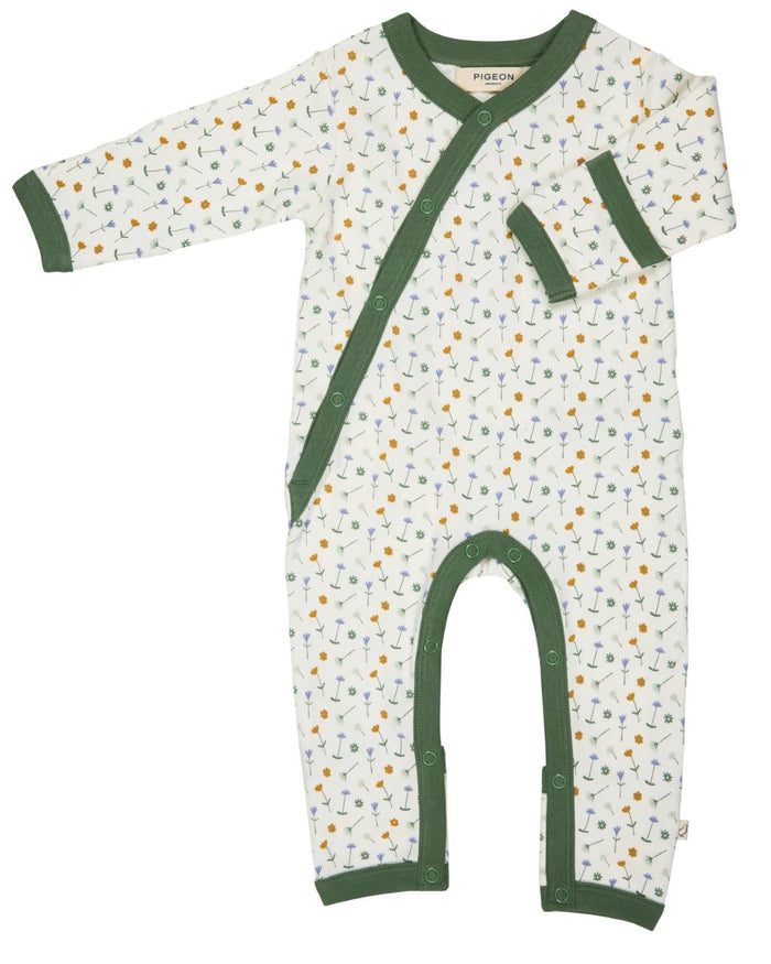 Organic Kimono Baby Romper – White Floral Print - Pigeon Organics