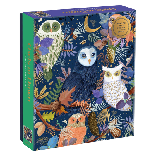 owl puzzle, 1000 piece puzzle, Mara Penny puzzle, foil puzzle, woodland puzzle, bird lover gift, owl artwork, nature puzzle, luxury puzzle, colorful puzzle, puzzle for adults, gold foil puzzle, winter puzzle, forest puzzle, cozy activities, art puzzle, whimsical illustration, puzzle gift, boutique gifts, premium puzzle