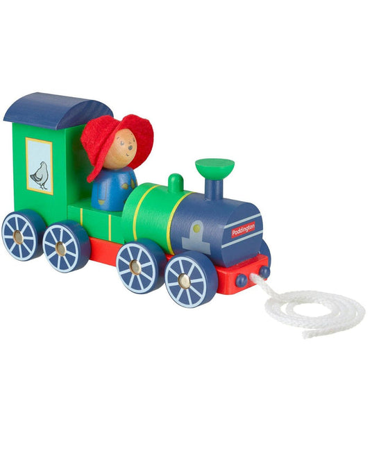 Toy train with a character in a red hat on a white background