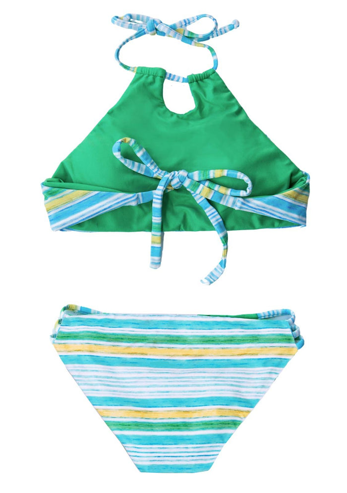 Fashion Teen swimwear reversible striped blue green yellow bathing suit for teen girls by Chance Loves