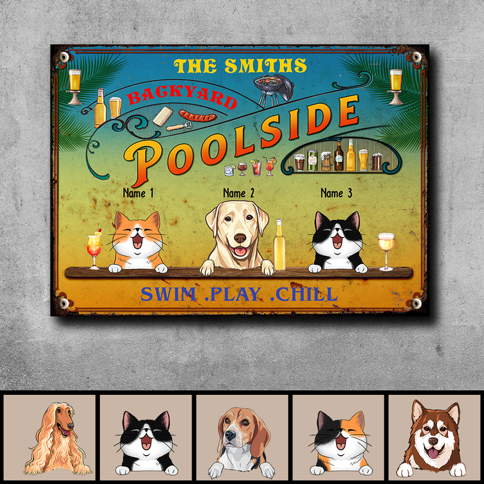 Pawzity Metal Backyard Poolside Signs, Gifts For Pet Lovers, Swim Play Chill Drink & Food Personalized Family Sign