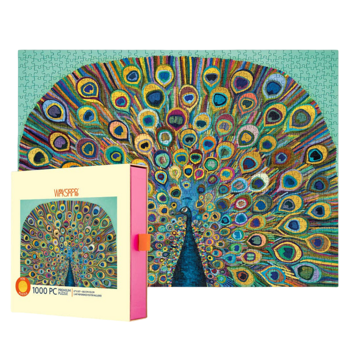 Jigsaw puzzle with peacock design and packaging on a white background