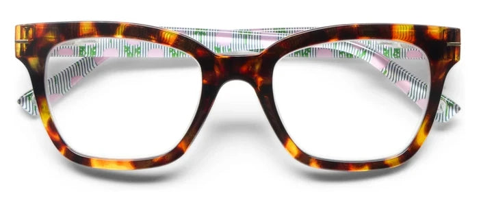 Peepers x Laura Park Buzzworthy reading glasses in Tortoise and Marigold Ticking Stripe Pink