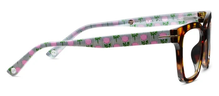 Peepers x Laura Park Buzzworthy reading glasses in Tortoise and Marigold Ticking Stripe Pink