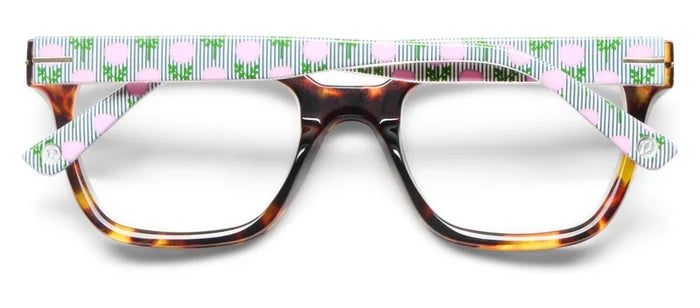 Peepers x Laura Park Buzzworthy reading glasses in Tortoise and Marigold Ticking Stripe Pink