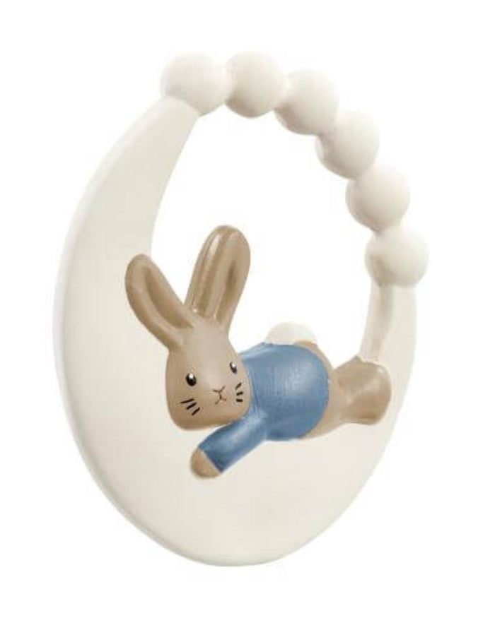 Teething ring with a rabbit design on a white background