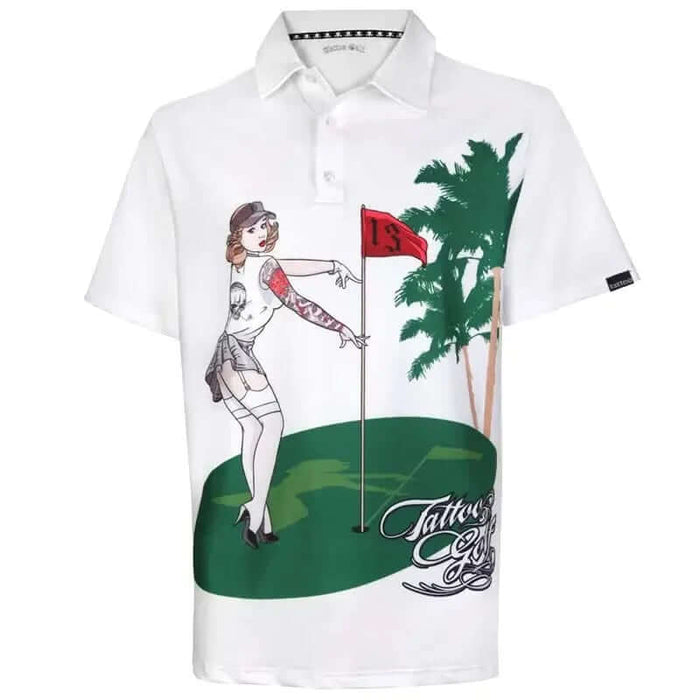 Pin High Performance Men's Golf Shirt with tattooed girl graphic on a golf course design.