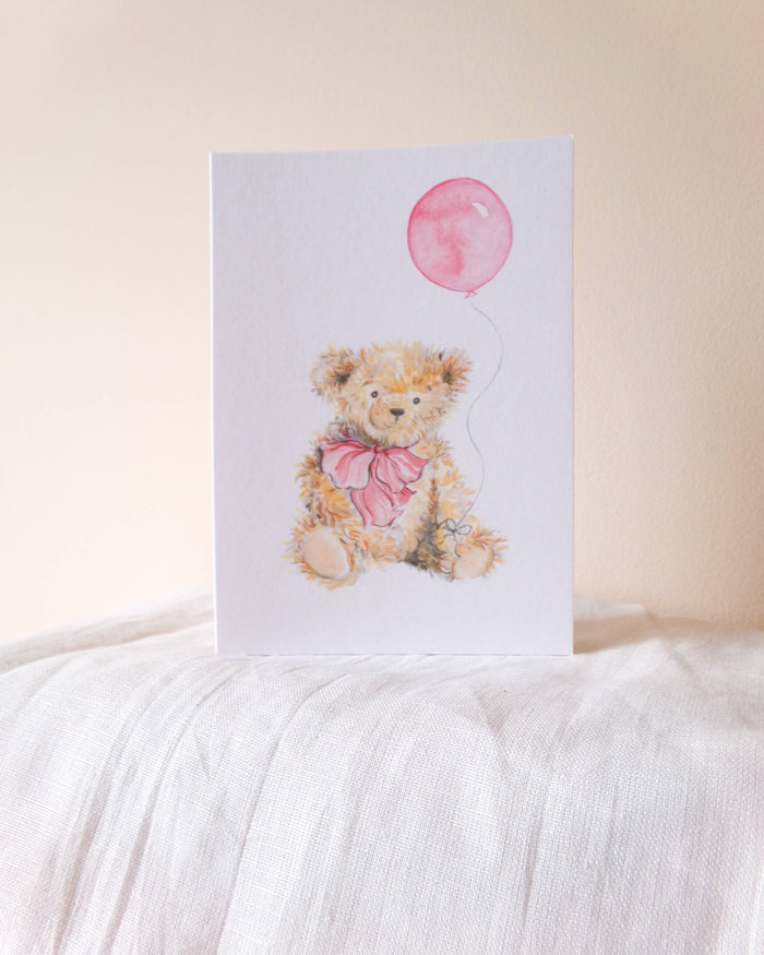 La La Lu Pink Teddy Bear watercolour greeting card for new babies and birthdays.