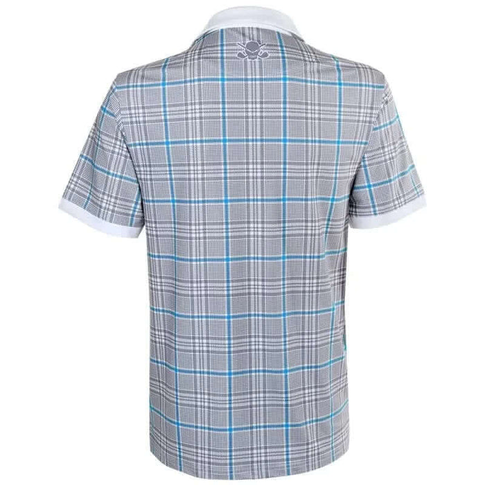 HT Plaid Cool-Stretch Men's Golf Shirt in Blue/Grey showcasing the stylish back view with classic plaid design.