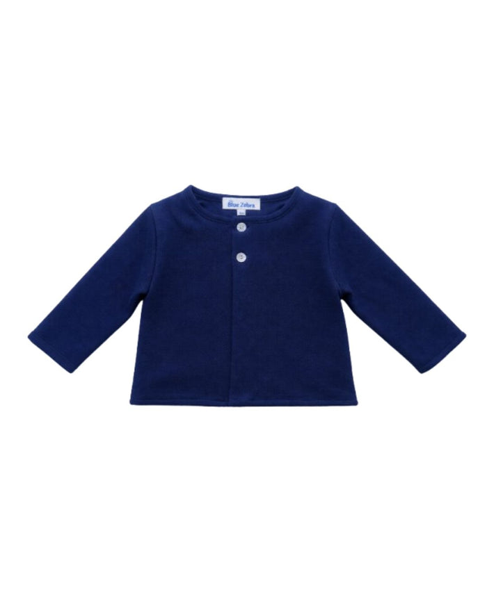 Navy blue baby cardigan on a white background