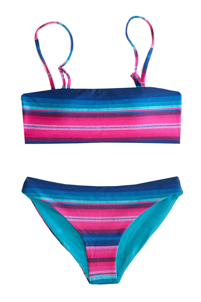 Playa Panama - 2 Piece Bikini SET Blue Teal Pink Stripe Bandeau Top & Hipster Bottoms Bandeau Bikini Set Chance Loves Swim XS