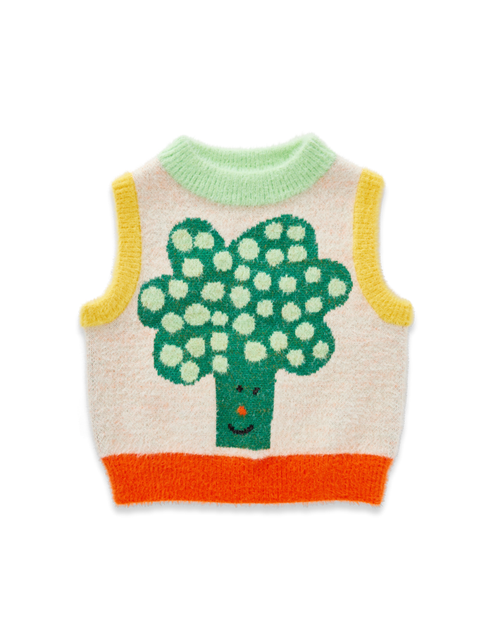 Knitted vest with broccoli design on a white background