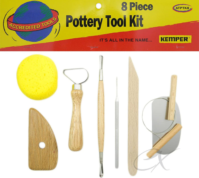 Kemper 8 Piece Pottery Tool Kit: sponge, wood rib, loop, ribbon, needle and modeling tools, wire cutter and steel scraper