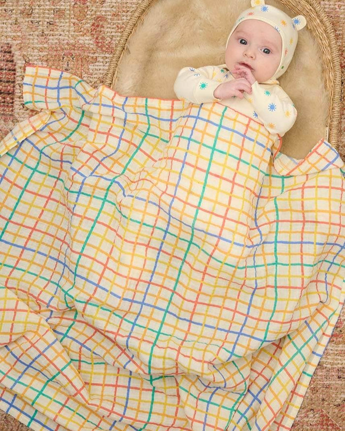 Rainbow Check Large Muslin Swaddle Blanket - Organic Cotton - The Bonnie Mob
