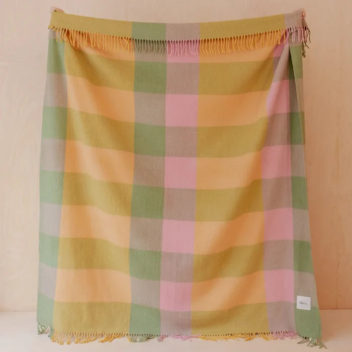 Recycled Wool Yellow & Green Bold Check Plaid Throw Blanket