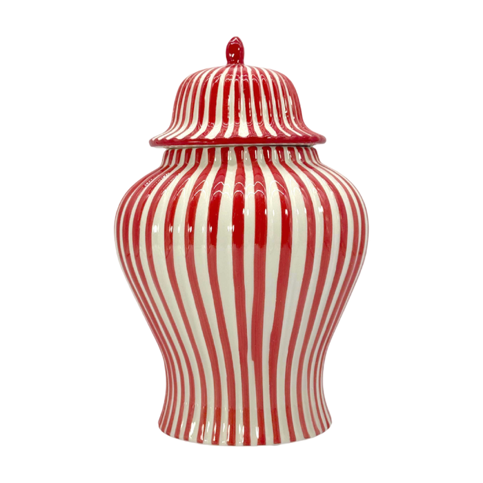 Red and white striped 12 inch ceramic ginger jar with lid