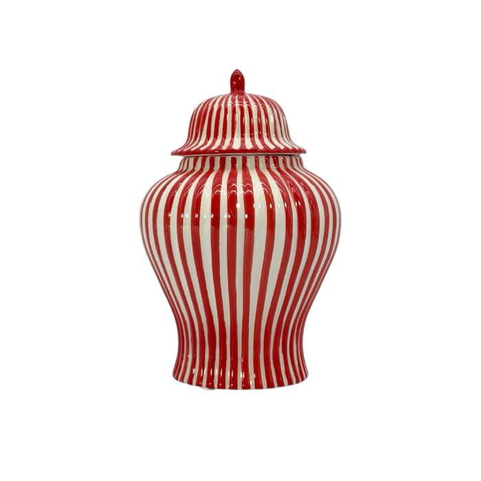 Red and white striped 8 inch ceramic ginger jar with lid