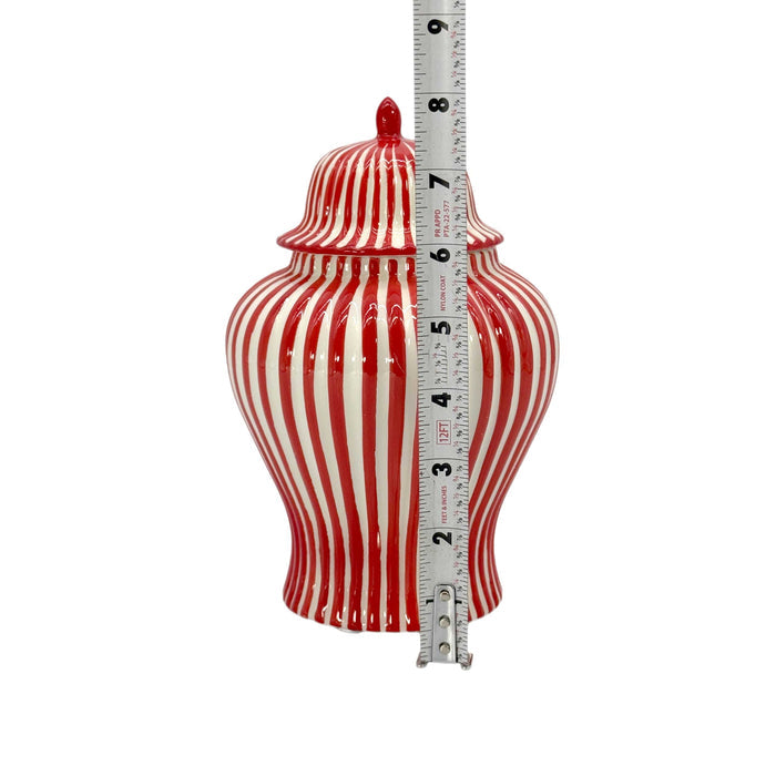 Red and white striped 8 inch ceramic ginger jar with lid