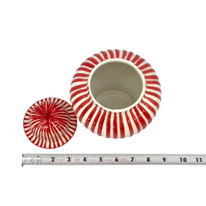 Red and white striped 8 inch ceramic ginger jar with lid