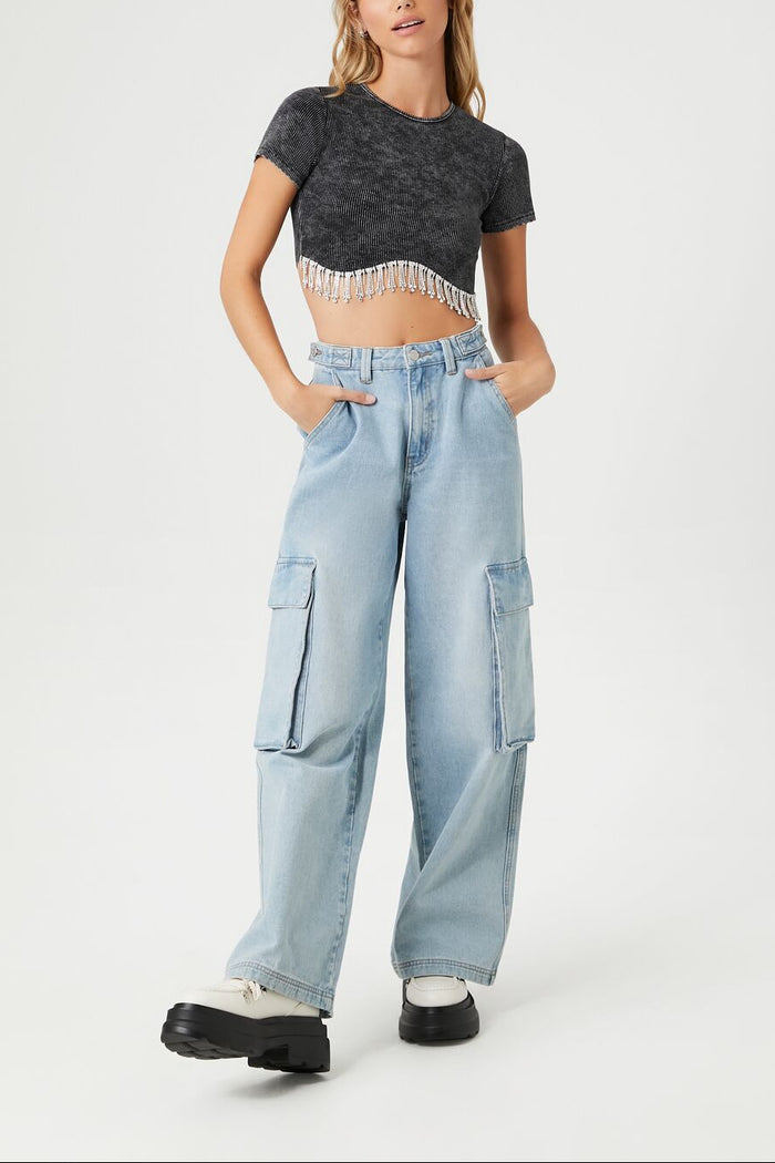 Rhinestone-Fringe Cropped Tee