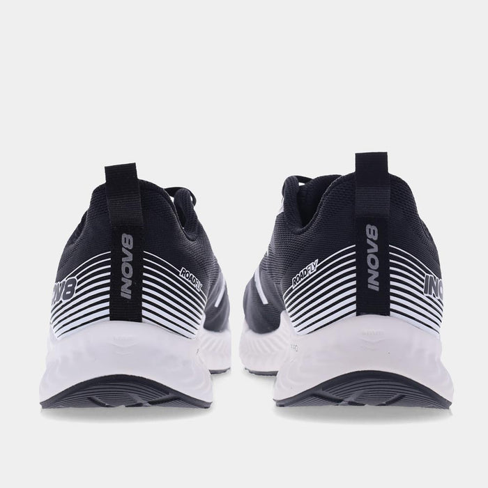 Pair of INOV8 RoadFly road running shoes, black and white, back view