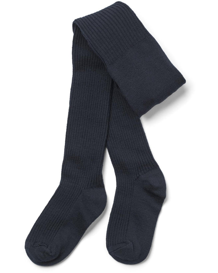 Pair of navy blue knee-high socks on a white background