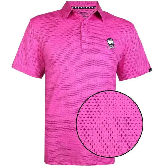 A pink men's golf shirt with an embroidered logo on the front and back, featuring a three-button placket and a pointelle fabric texture.