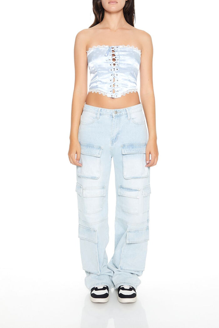Satin Floral Lace-Up Tube Top