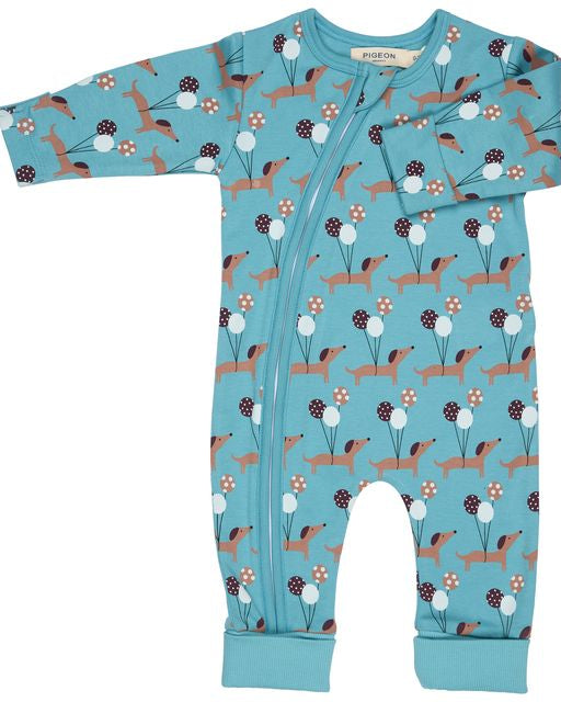 Sausage Dogs Zip Romper - Blue Organic Baby Romper - Pigeon Organics