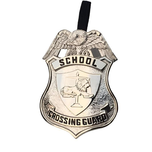 School crossing guard badge ornament make a great gift for your school crossing guard. 2 1/4" W x 3" H with black ribbon attachment.