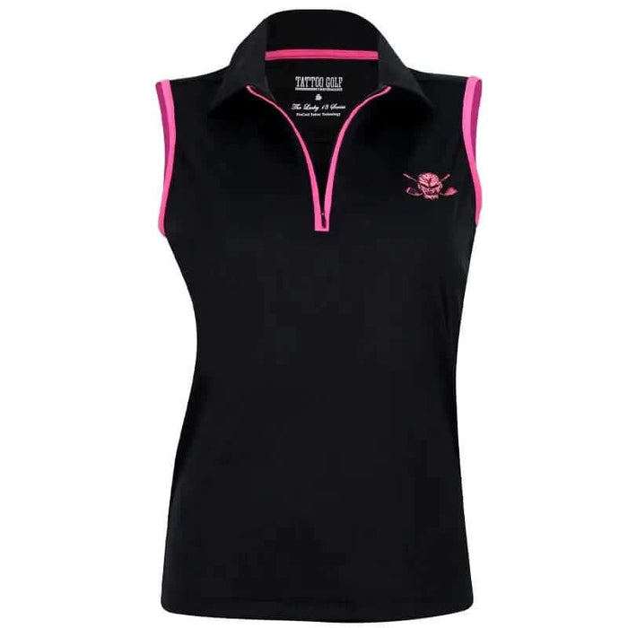 A black sleeveless women's golf shirt with pink trim and a skull design on the front.