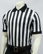 A black and white striped referee shirt with a collar, designed for sports like football, lacrosse, soccer, field hockey, volleyball, or wrestling.