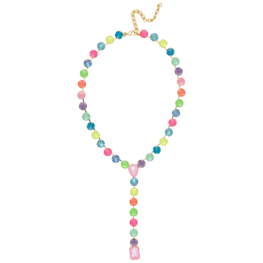 Sorrelli Candy Carnival crystal lariat Y-necklace with yellow, mint, blue, and pink stones in a bright gold-tone finish