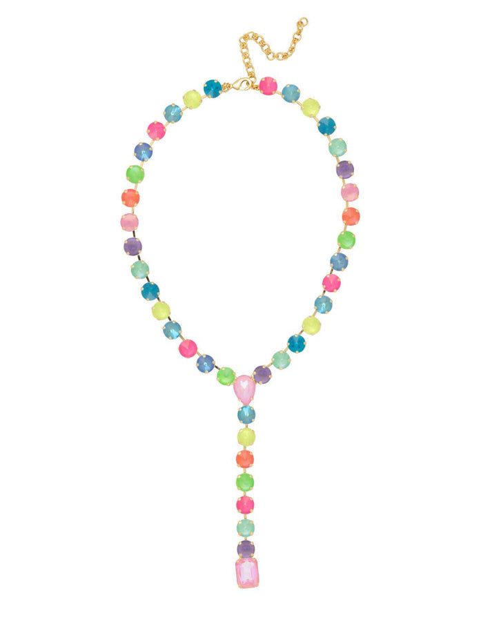 Sorrelli Candy Carnival crystal lariat Y-necklace with yellow, mint, blue, and pink stones in a bright gold-tone finish