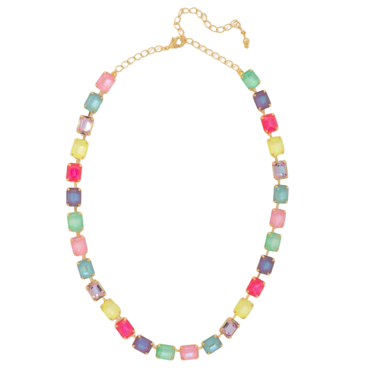 Sorrelli multicolor necklace with large emerald-cut crystals in pink, yellow, mint, and lavender