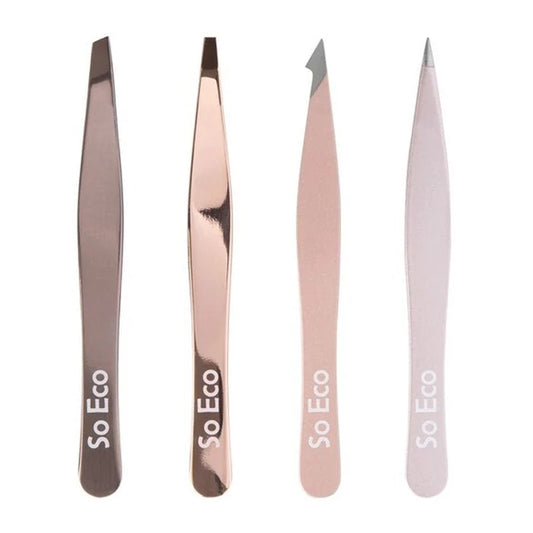 Stainless Steel Eyebrow & Lash Tweezer Set - Rose Gold - 4pcs