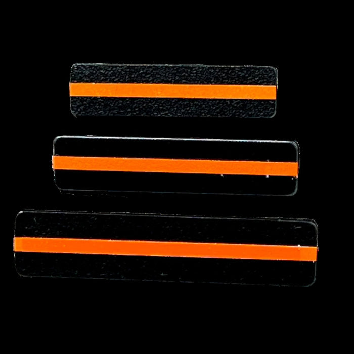 Thin Orange Line  for Search and Rescue SAR. The Stop Gun Violence Wear Orange Awareness / Thin Orange Line Mourning Bars for Cloth Badges and insignia.  Black vinyl with a thin orange line mourning bar with a pair of 1/2" pins with military clasps.  Public safety officers are wearing thin orange line badge shrouds to raise awareness of gun violence in the community and among police officers, firefighters, Emergency Medical Services and others.