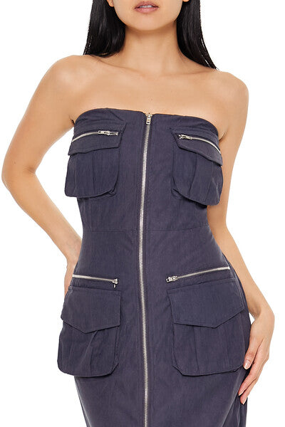 Strapless Zip-Up Cargo Midi Dress