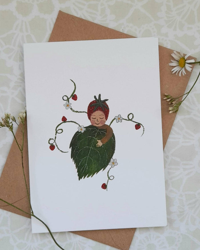 Card with a leaf-themed illustration of a child on a textured surface with flowers.