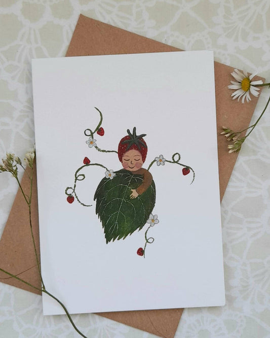 Card with a leaf-themed illustration of a child on a textured surface with flowers.