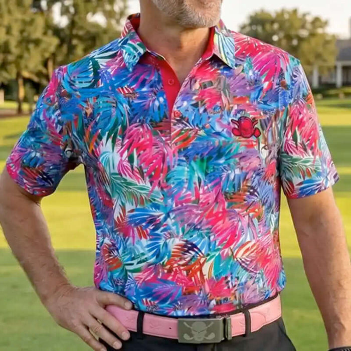 Person wearing a colorful patterned shirt on a golf course
