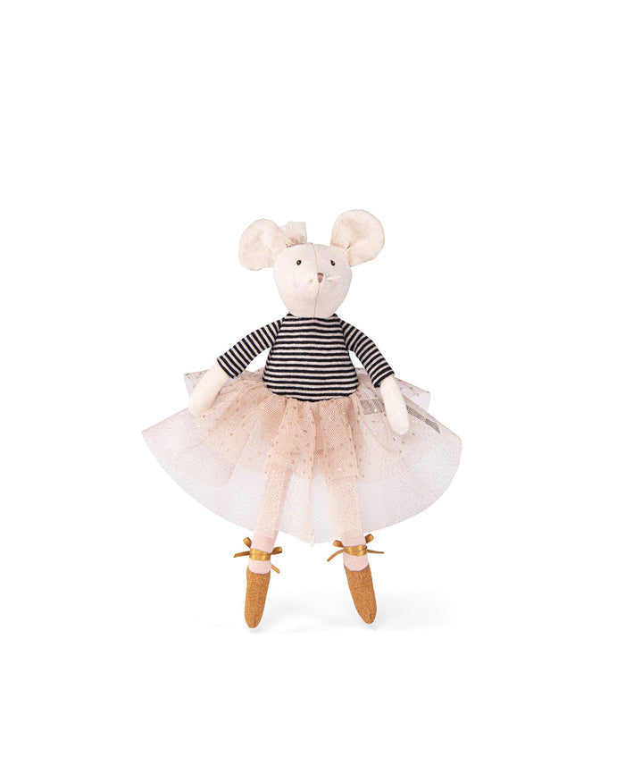 Stuffed mouse toy in a black and white striped shirt and beige tutu on a white background
