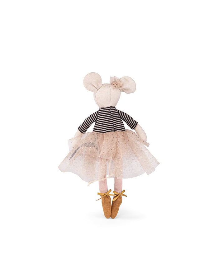 Stuffed toy mouse in a dress with tulle skirt and ballet shoes on a white background