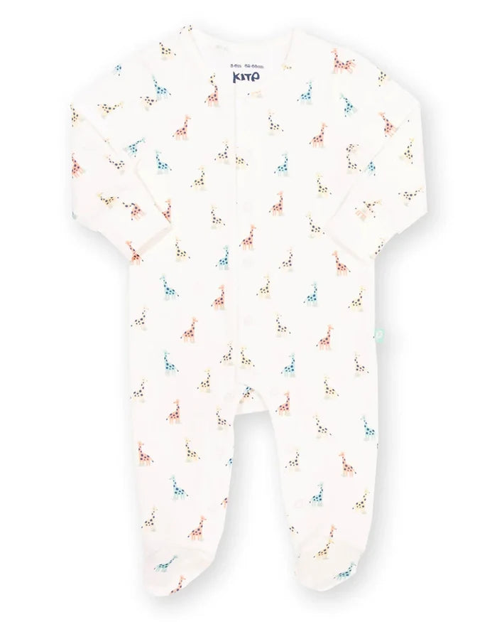 A baby footed sleeper in white with a colorful pattern of small animals, featuring long sleeves, a front zipper, and integrated feet.