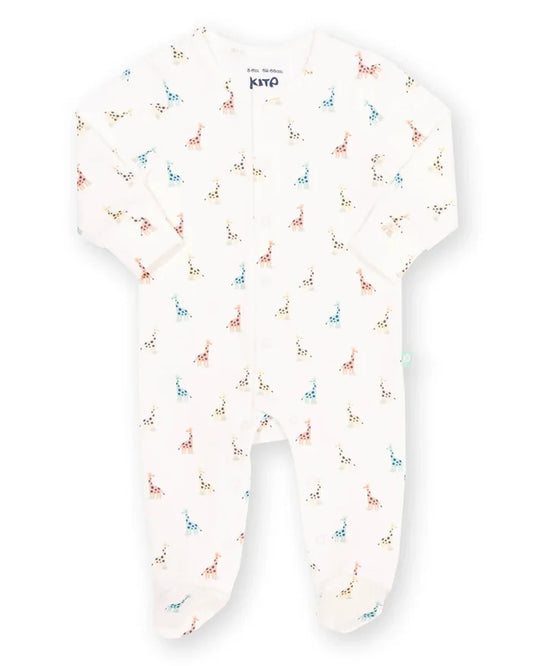 A baby footed sleeper in white with a colorful pattern of small animals, featuring long sleeves, a front zipper, and integrated feet.