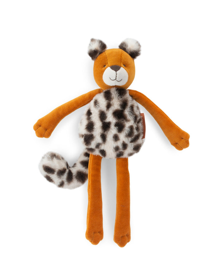 Plush toy resembling a lemur with brown body, black and white patterned belly, and black and white ears on a white background.