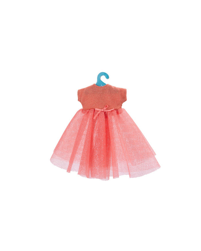 Coral dress on a blue hanger against a white background