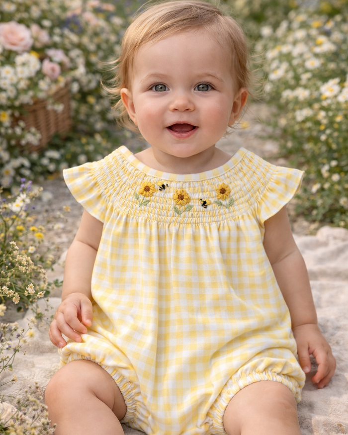 Baby in a yellow checkered outfit with sunflower details sitting in a floral garden.